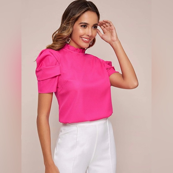 COPY - Milumia Women Mock Neck Puff Sleeve Chiffon Blouse Frilled Neck - LARGE - Picture 6 of 10